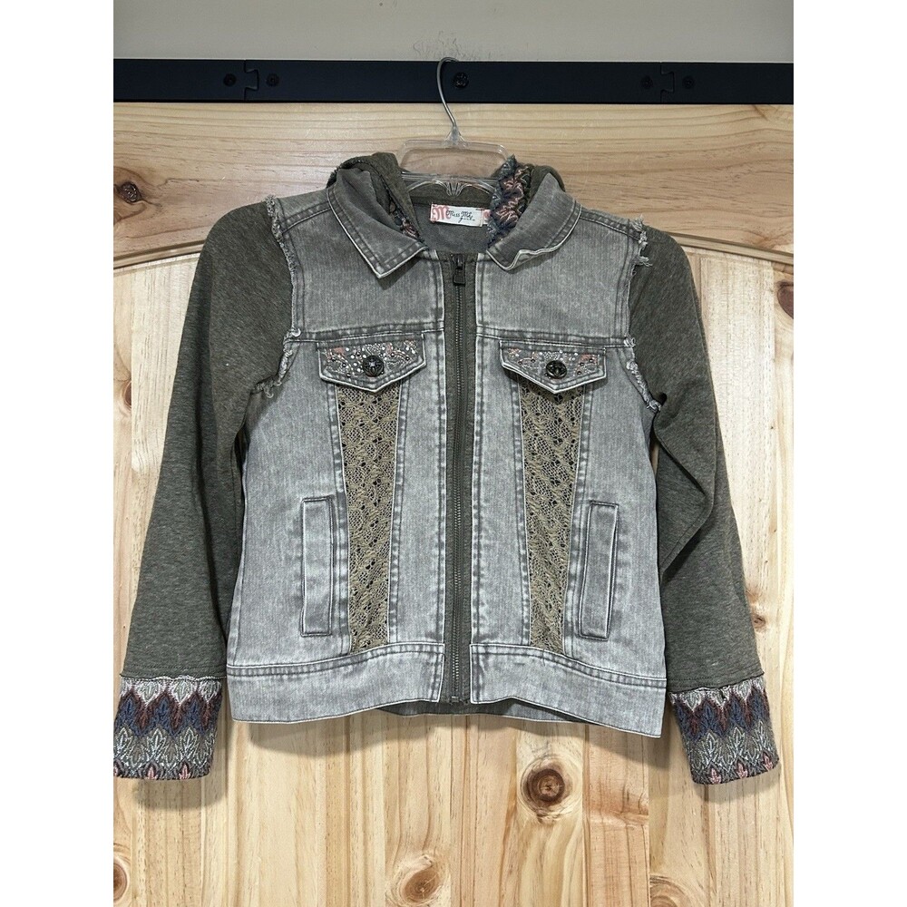 Miss Me Girls Denim Fabric Hooded Jean Jacket Embroidery Olive Green Size L